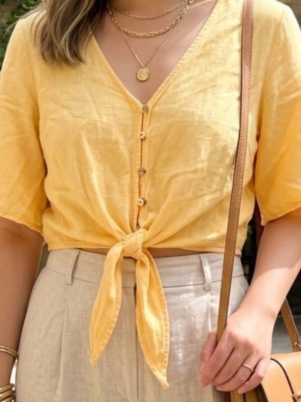 Japna yellow rayon cotton flax tie-front crop top | size L